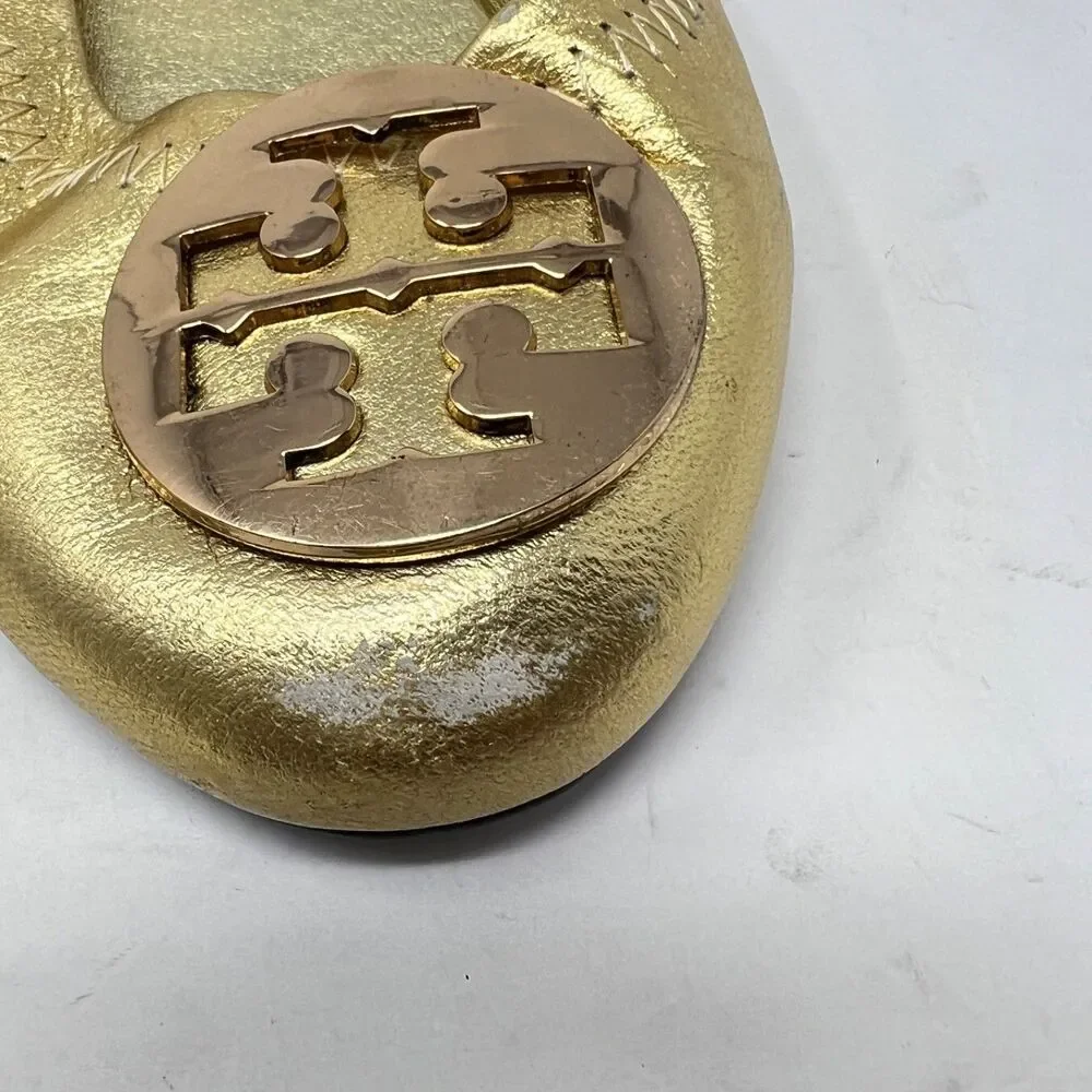TORY BURCH Reva Gold Leather Flat Ballet Ballerina Shoes with T-Logo Women's 8.5